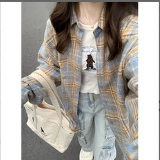 AMYOVE多巴胺黃色格子襯衫春秋季新款寬鬆慵懶風長袖襯衣學生 上衣