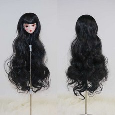 臺灣熱銷 3/1 bjd假髮夜蘿莉娃娃假髮頭套 sd球型公仔頭套高溫絲編髮加厚毛, 黑色齊劉海捲髮, 1個