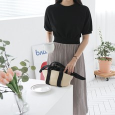 봉봉스토리 템테이션 배색주름 원피스 여성용 허리밴딩 국내제작