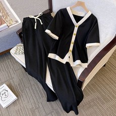 韓國女生夏天套裝 大尺碼女裝 寬鬆顯瘦短袖上衣闊腿褲兩件套 顯瘦套裝, 【單件】黑色上衣,L【建議100-120斤】