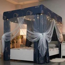 臥室遮光床幔三開門落地防風保暖床簾全封閉防塵頂蚊帳支架一體式, 流星雨(桿+簾）送風扇杆,1.2米寬  2.0米長