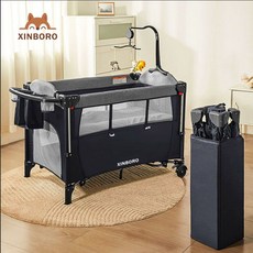 嬰兒床遊戲床，可折疊，附蚊帳尿布台，拼接大床款, 灰色基础款【床＋床垫＋固定带】