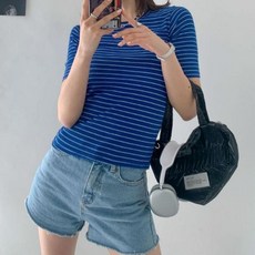 여성 스트라이프 단가라 슬림 스판 라운드 반팔 탄탄 크롭 티셔츠