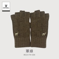 體溫魔術師 莫蘭迪格紋男士經典半指手套 針織柔軟保暖舒適 通勤騎車冬季百搭款, 軍綠, 1個