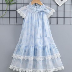 女童藍色暈染蕾絲雪紡連衣裙 夏季輕薄透氣