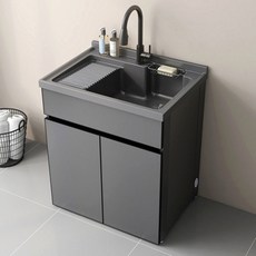 洗衣槽洗衣台洗衣櫃 太空鋁納米洗衣櫃組閤洗衣池 帶搓衣闆浴室櫃落地櫃落地式水槽水龍頭, 80厘米對開門灰盆送銀抽拉, 1個