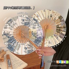 新中式水墨絹布折扇夏天古風扇子配旗袍隨身便攜手搖竹扇國風漢服, 百花齊放+流連忘返,【出行必備】/工廠直銷, 1個