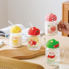 艷夏透明水果高溫玻璃杯可愛大容量加蓋吸管學生女牛奶早餐杯辦公, 奇異果,501-600ml, 1個