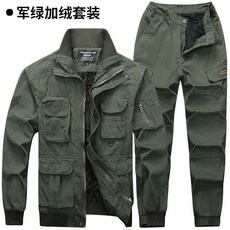 軍綠加絨保暖套裝 戶外耐磨工作服外套, 1個, 鼕季軍綠加絨套裝無旂標,1904XL碼適合185205斤