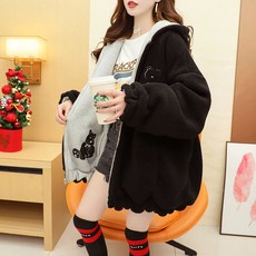 베베어스 2025겨울 양털 양면 후드 집업 자켓 여성용 귀여운 곰돌이 패턴