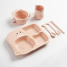 유아 어린이 아기 아동 공룡 식기set 식판+국그릇+숟가락+젓가락+컵, 1개, 핑크