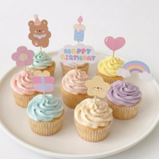 생일 파티 컵 케이크 미니 데코 픽 토퍼 Happy birthday 해피 버스데이 베이킹 카페 유치원 어린이집 아들 딸, 10개, 알록달록
