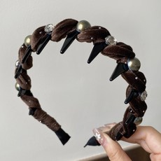 精緻絲絨珠鑽波浪髮箍女秋冬新款高顱頂髮箍洗臉百搭外戴髮卡, 1個, 【珠絨鑽影】波浪髮箍-咖色