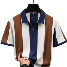 男士條紋翻領拉鍊POLO衫