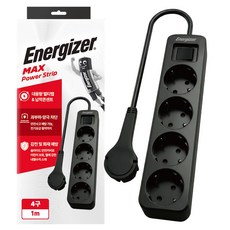 에너자이저 4000W 고용량 과부하차단 납작 멀티탭 4구 콘센트, 블랙, 1개, 1m