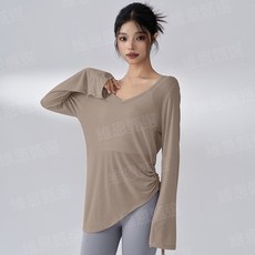 瑜伽服罩衫 休閒健身運動長袖 透視抽繩T桖 寬鬆顯瘦上衣 喇叭袖口 弧形下擺 性感大V領 舒適柔軟親膚運動服