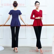 疊層波浪下襬上衣 舞蹈服兩件套 莫代爾V領基訓服 現代舞練功服拉丁舞服瑜伽表演服套裝洋裝款舞蹈上衣