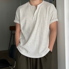 고즈웰컴퍼니 어깨넓어보이는 남성 테토 와플 헨리넥 오버핏 반팔 티셔츠