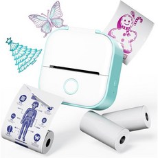 포터블 포토 프린터 휴대용 메모퀸 T02 미니 스티커 일기 DIY 메모 학습 노트 친구를 위한 AI 재미있는 선물 APP 드로잉 블루투스 열 메이커 기계, 그린, 1 Printer & 3 Rolls Paper