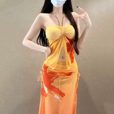 女款印花分體三件式泳衣 長裙沙灘度假套裝, 黃色
