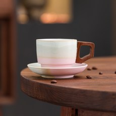해피유통 고급 세라믹 에스프레소 잔 세트 핸드메이드 나무 손잡이 커피잔 독특한 디자인, 150ml, 핑크-1