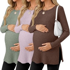 Ficerd 3팩 여성용 임산부 셔츠 긴소매 골지 임산부 스웨터 스쿱넥 슬릿 사이드 니트 티 엄마 의류 다크 브라운 라이트 퍼플 빈 그린 S