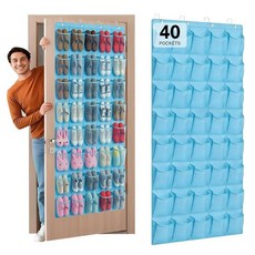 40개의 대형 메시 포켓 오버 더 도어 신발 오거나이저 도어용 걸이식 신발장 Hualleko 신발 정리함 행거 대용량 신발 보관 홀더 튼튼한 부직포 원단 - 20쌍 보관, 라이트 블루
