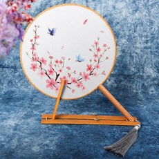 臺灣出貨 刺繡手工diy材料包自繡初學者材料包古風繡花團扇家居裝飾送禮物 WUTD, 櫻花初季 團扇+流蘇+材料包+扇架, 1個