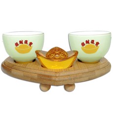 【168開運坊】供奉紫南宮金雞/供奉貔貅/虎爺 專用供杯*2 孟宗竹底座 特贈元寶, 1套, 木-綠色
