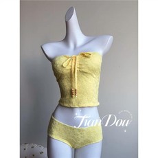 【檸檬草】度假沙灘抹胸海灘溫泉泳衣比基尼三件套分體性感純欲風