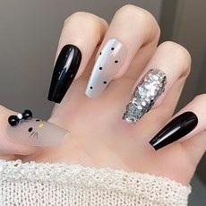 穿戴甲高級感豹紋閃鑽法式美甲甲片貓眼辣妹穿戴式指甲片, 1個, BY1827織白守黑:預製甲條#30片/板