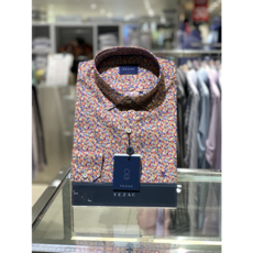 [예작]남성정장 와이셔츠 면100% 플라워프린트 카라배색 스냅 일반핏 긴팔셔츠 (YJ3FUA552YE)