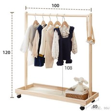 實木衣架桿 移動式落地ㄇ架 松木收納衣櫃臨時放衣服架子, 1個, 儲物掛架帶輪長100*高120萬向輪可拆
