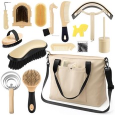 Abbylike 15피스 말 그루밍 키트 오거나이저 토트백 압정 룸 용품 말 브러시 세트 케어 말 청소 키트 쉐딩 그루밍 마사지 도구 (베이지), 베이지