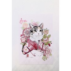 日本 Erica Ward 梅花和服三花貓明信片 貓咪鋼筆水彩明信片 收藏品 紀念品, 1個