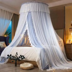 공주 스타일 침대 캐노피 천장형 특대형 바닥까지 닿는 침실 커튼 걸이형 원형 돔 모기장, H. 더블 레이어 원사 - 꽃무늬 - 회색 및 흰색 -