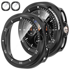 Tensea [삼성 갤럭시 워치 울트라 2025/갤럭시 7 2024용 2팩 47mm 액정보호필름 케이스 액세서리 47mm용 보호 페이스 커버 하드 범퍼 내장 강화 유리 필, Galaxy Watch 8 Classic-46mm, 블랙-화이트 스케일