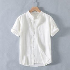 LARGE STORE 立領短袖襯衫 亞麻材質透氣舒適