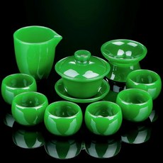 精選優品 茶具套裝 輕奢琉璃功夫茶具組 旅行茶具 泡茶組 家用辦公室會客送禮, 琉璃茶具茶具禮盒套裝-帝王綠, 1個