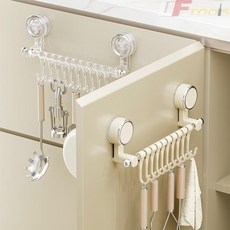 廚房收納掛鉤 吸盤式免打孔滑軌掛桿 櫥櫃門內側勺鏟置物架, 1個, 透明【真空吸附/可拆卸】,不銹鋼掛桿【25cm】帶10掛鉤