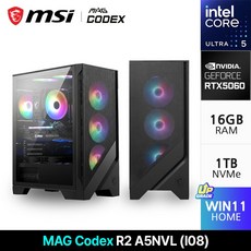MSI MAG Codex R2 A5NVL I08 U5-225F RTX 5060 게이밍 데스크탑, MAG 코덱스 R2 A5NVL (I08), WIN11 Home, 1TB, 16GB, 블랙