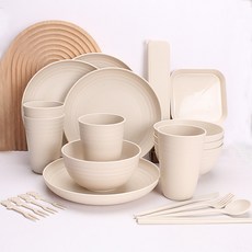 小麥秸稈餐具套裝 飯碗碟盤杯子刀叉勺筷, 米色, 1個