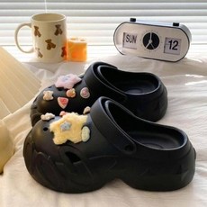 洞洞鞋女夏季时尚EVA軟底透氣防臭運動拖鞋輕量止滑舒適足弓拖鞋增高踩屎感沙灘鞋通勤百搭外出拖鞋耐磨厚底室內拖鞋旅遊涼拖鞋, 39-40, 黑色