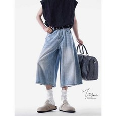 스트릿 데님 통기성 데일리 하프팬츠 루즈핏 여름 캐주얼 빈티지 워싱 밴딩