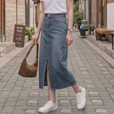 하늬바람 앞트임 데님 롱 스커트 H라인 청치마 슬릿 미디 롱치마 슬림핏 봄 가을 중청 흑청 데일리룩