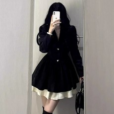 검정색 초가을 긴소매 원피스 여성용 허리 라인 강조 미니 블랙 스커트 퍼프 스커트