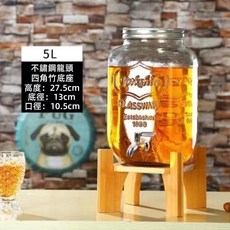 玻璃飲料果汁桶 5L 升級304水龍頭 派對飲料桶 冷飲壺, 1個, 【加厚】（5L)+不鏽鋼龍頭+竹木架