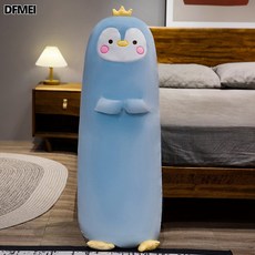 DFMEI 胖胖動物牀上長條側睡夾腿抱枕睡覺玩偶女生沙發拆洗枕頭大號靠墊, 藍色企鵝