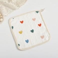 六層紗圍兜 純棉 口水巾 U型 加大款 花朵型 三角 方巾 嬰兒口水巾 圍兜兜 吃飯巾 紗布巾 圍兜 紗布巾 寶寶口水巾, 1個, 方形-7.彩色愛心, 米色