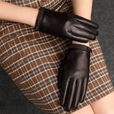 seoul show首爾秀 蝴蝶結鬆緊腕口頭層西班牙羊皮可觸控女士真皮騎車保暖手套, 棕色